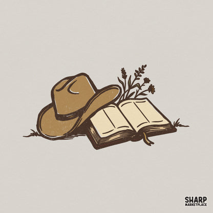 Rustic western digital design featuring a brown cowboy hat resting beside an open book with wildflowers, perfect for sublimation and apparel.