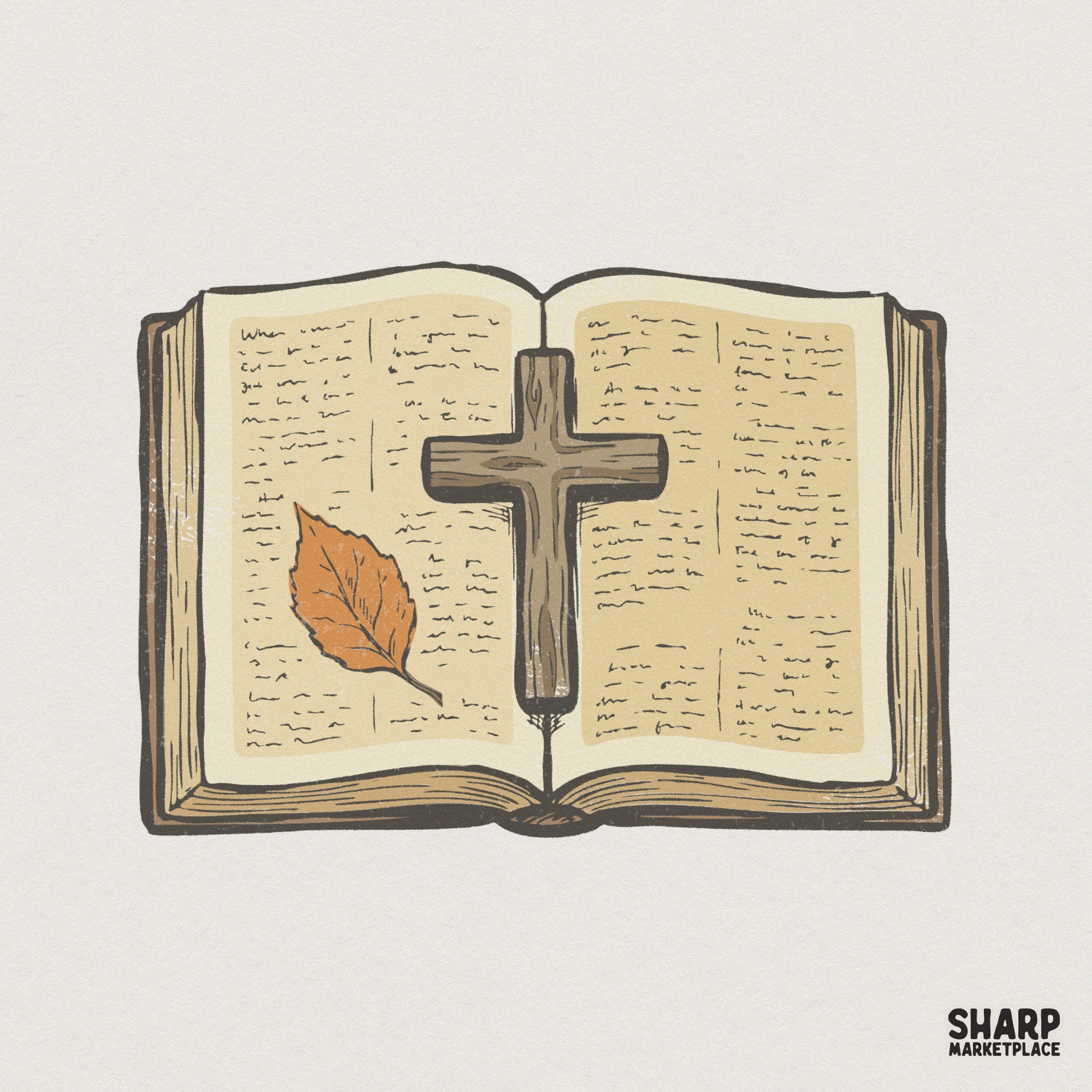 Open Bible PNG With Cross And Autumn Leaf, Religious Printable PNG - 300