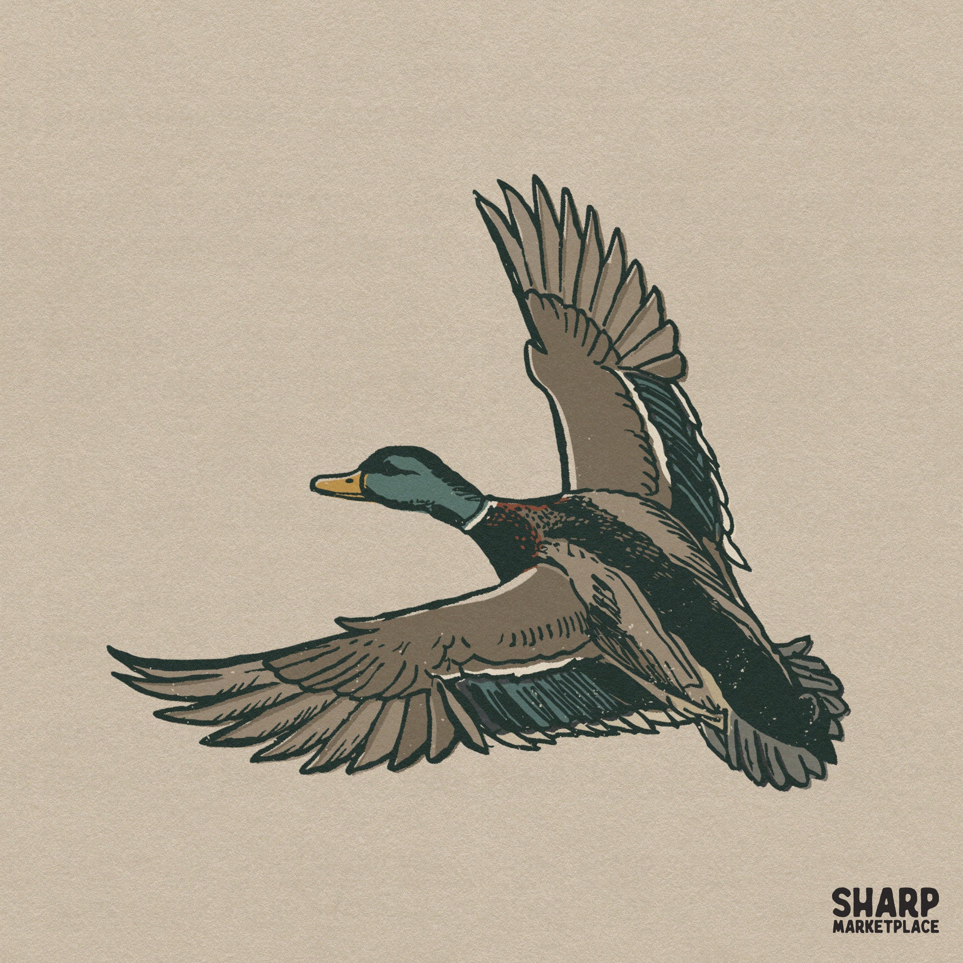 Vintage sketch mallard duck flying bird waterfowl hunting png design for western sublimation t-shirts