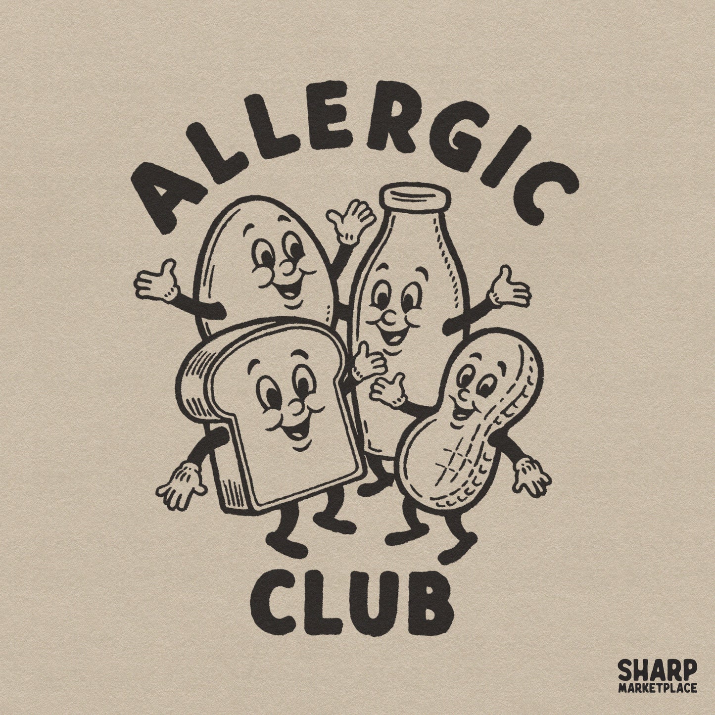 Retro Allergic Club mascot illustration for kids shirts and allergy awareness apparel sublimation designs