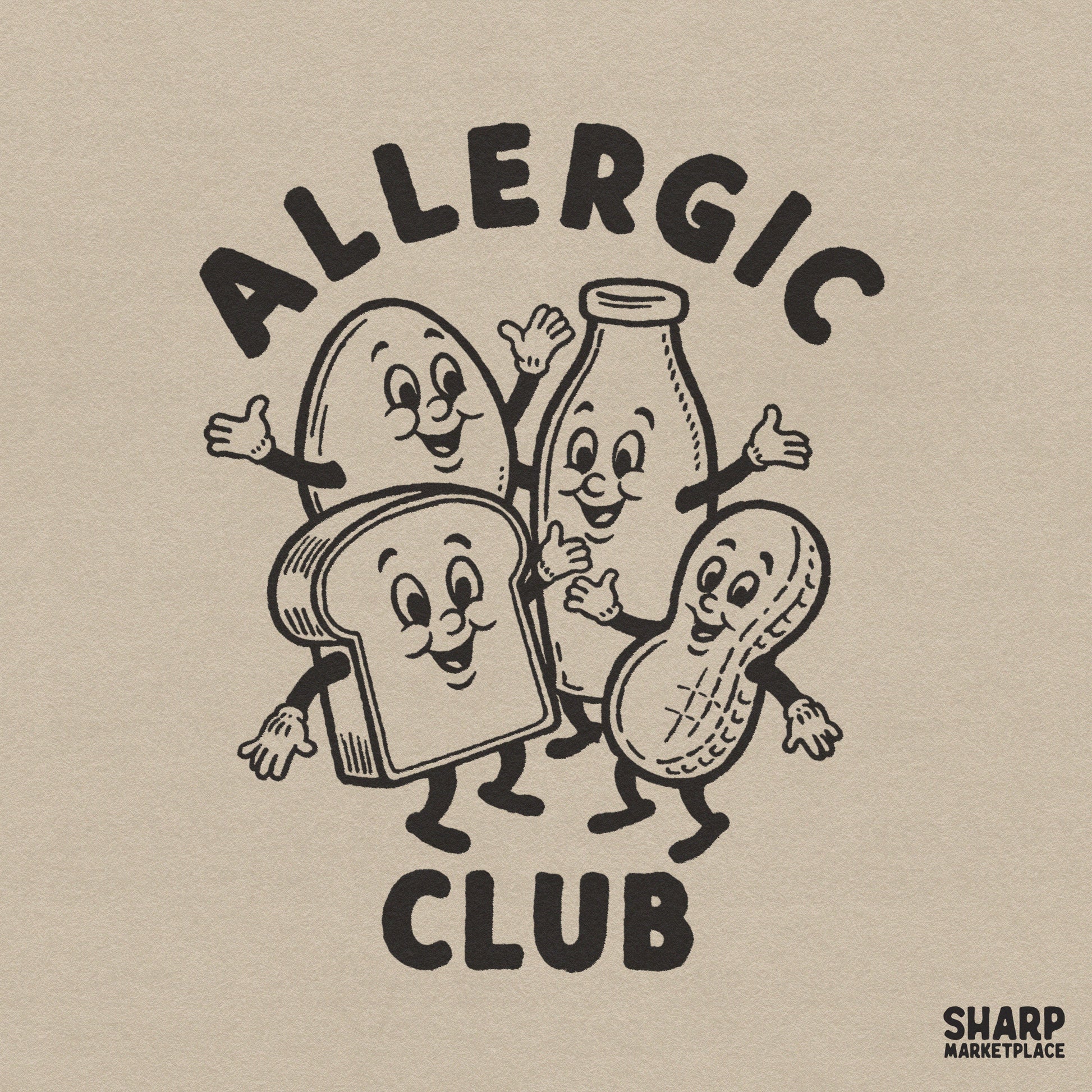 Retro Allergic Club mascot illustration for kids shirts and allergy awareness apparel sublimation designs