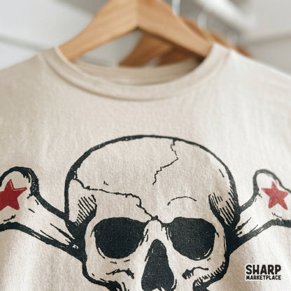 Vintage skull and crossbones with red star punk rock art sublimation design for Halloween shirts