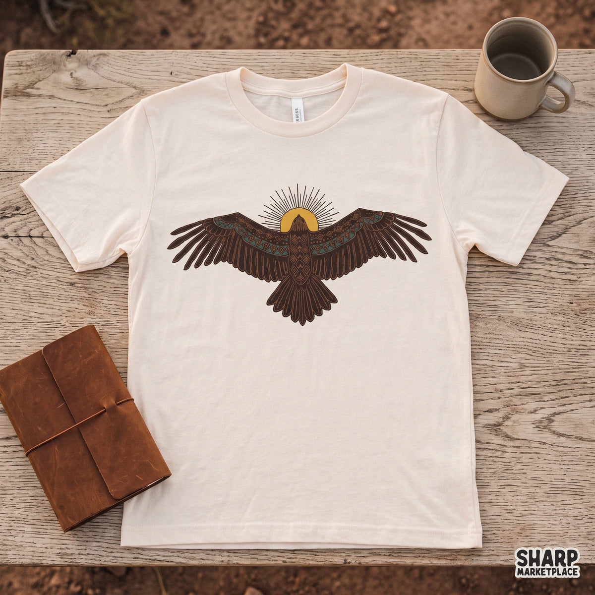 Southwestern Thunderbird with geometric patterns and yellow sun retro western PNG graphic for t-shirts and stickers