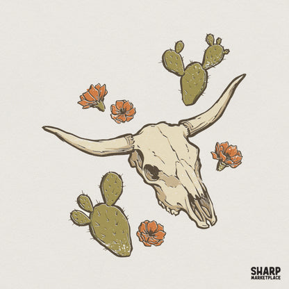 Desert Skull With Cactus And Flowers PNG, Western Sublimation - 300 DPI