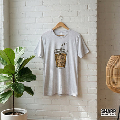 A trendy iced coffee cup graphic featuring a retro, grainy texture displayed on a heather gray t-shirt for apparel or sublimation projects.