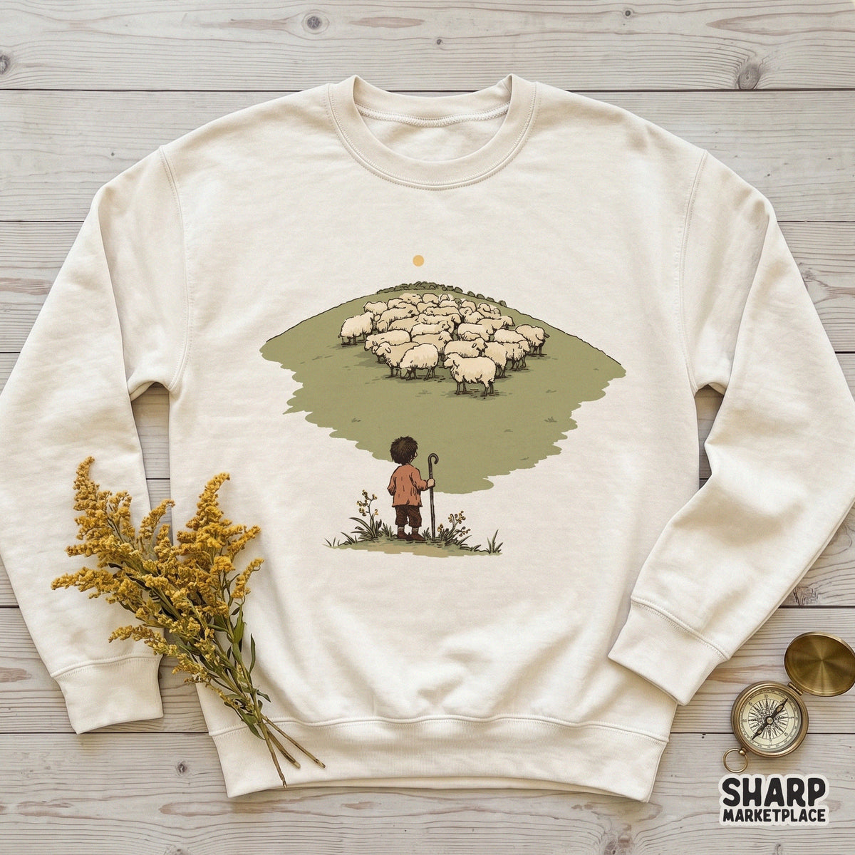Digital design featuring a shepherd and a flock of sheep on a grassy hill, presented as a clean graphic for apparel and sublimation printing.