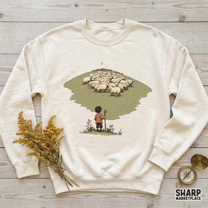 Digital design featuring a shepherd and a flock of sheep on a grassy hill, presented as a clean graphic for apparel and sublimation printing.