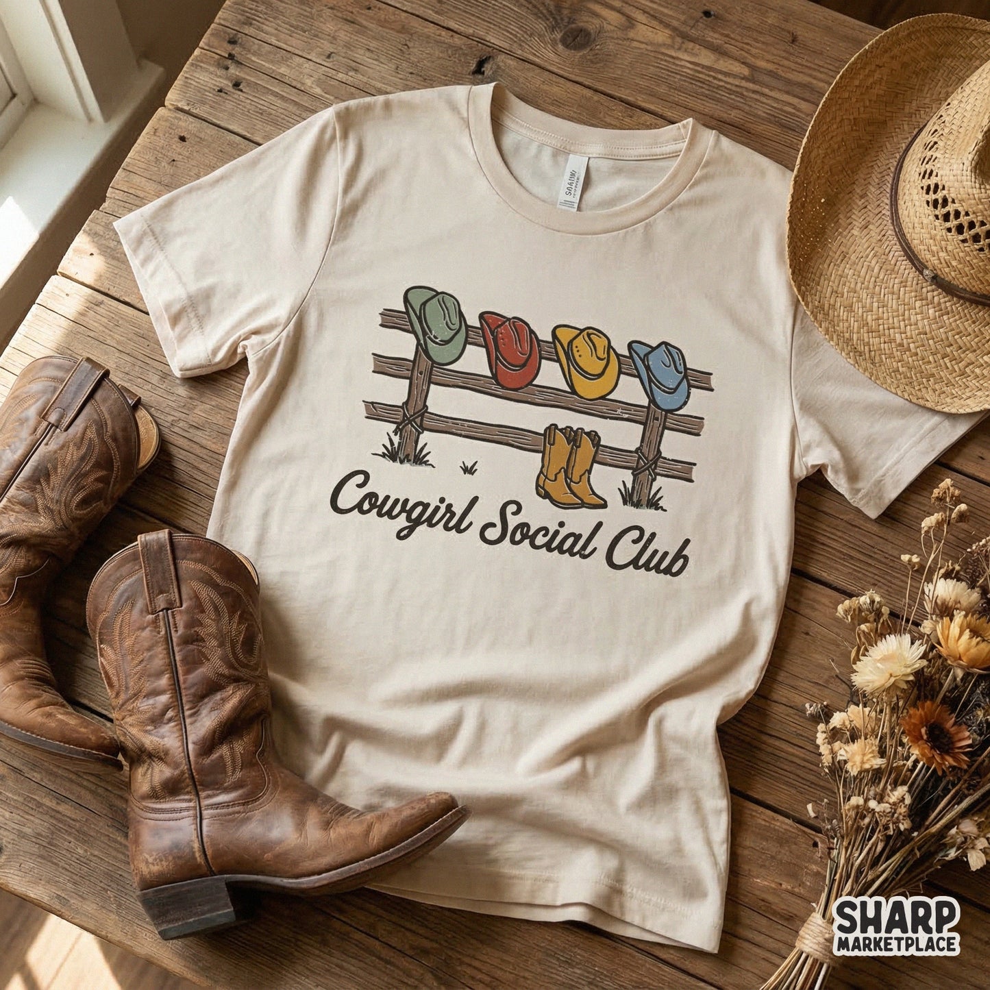 Vintage style Cowgirl Social Club graphic on a t-shirt mockup, showcasing colorful western hats and boots for country themed apparel projects.