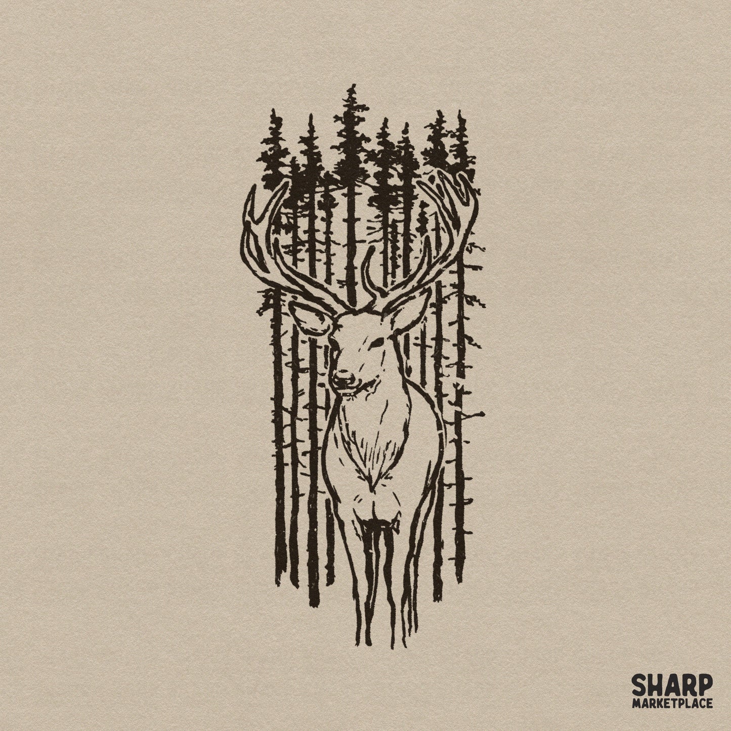 Rustic deer sketch featuring a majestic buck with large antlers standing before a vertical pine forest, rendered in a detailed black woodcut style.