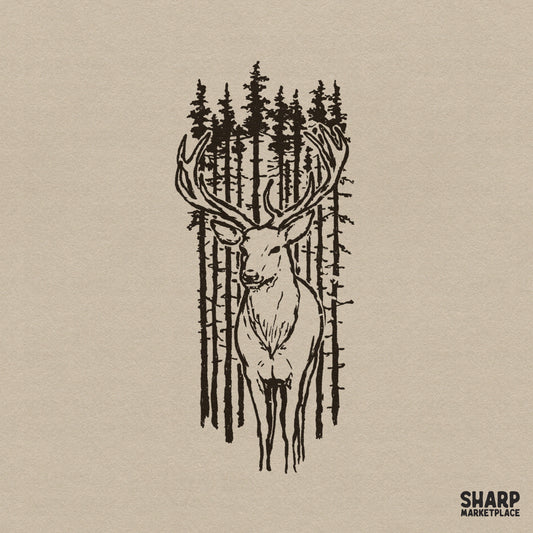 Rustic deer sketch featuring a majestic buck with large antlers standing before a vertical pine forest, rendered in a detailed black woodcut style.