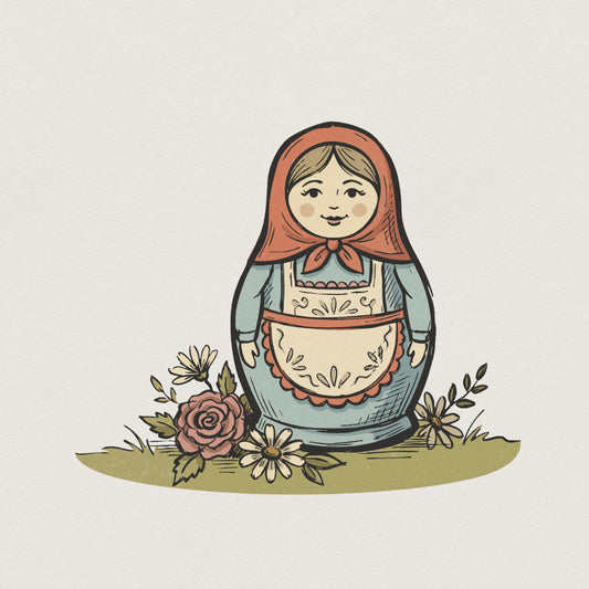 Whimsical folk art Matryoshka doll PNG featuring a coral kerchief and floral blue apron, perfect for nursery wall art, stickers, or sublimation apparel.