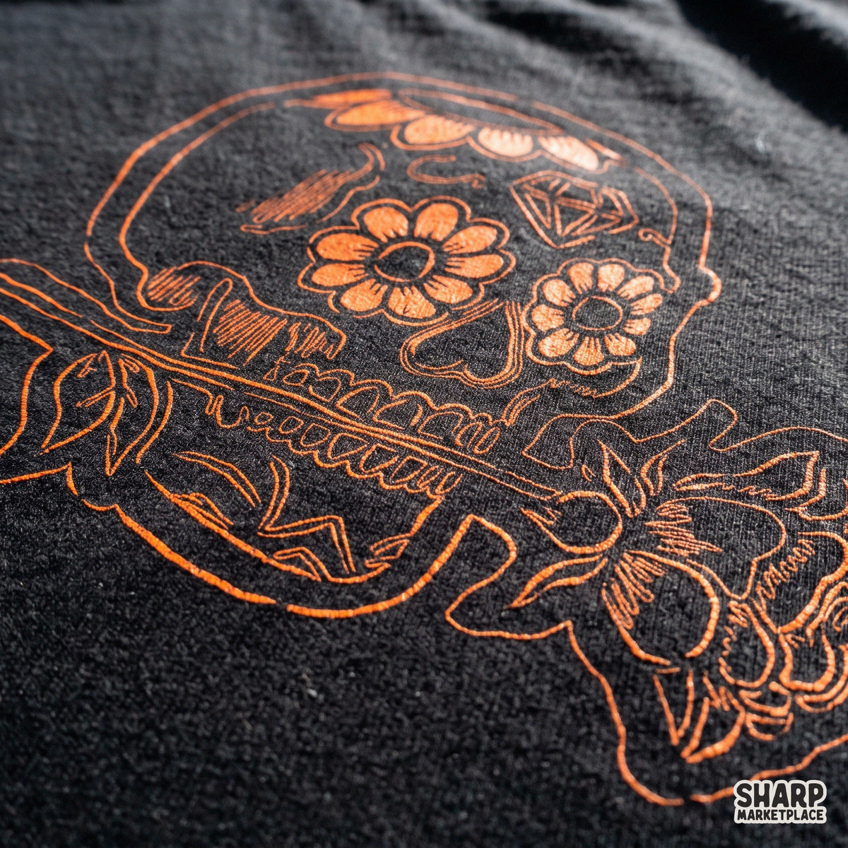 Vintage line art calavera skull with orange flowers Halloween PNG design for shirt sublimation and tumbler wraps