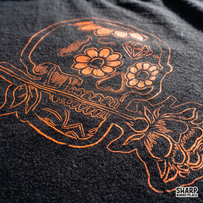Vintage line art calavera skull with orange flowers Halloween PNG design for shirt sublimation and tumbler wraps