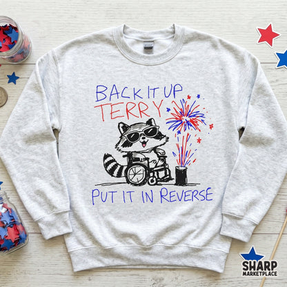Patriotic themed digital graphic of a raccoon in a wheelchair with fireworks and the sarcastic quote Back It Up Terry Put It In Reverse for apparel.