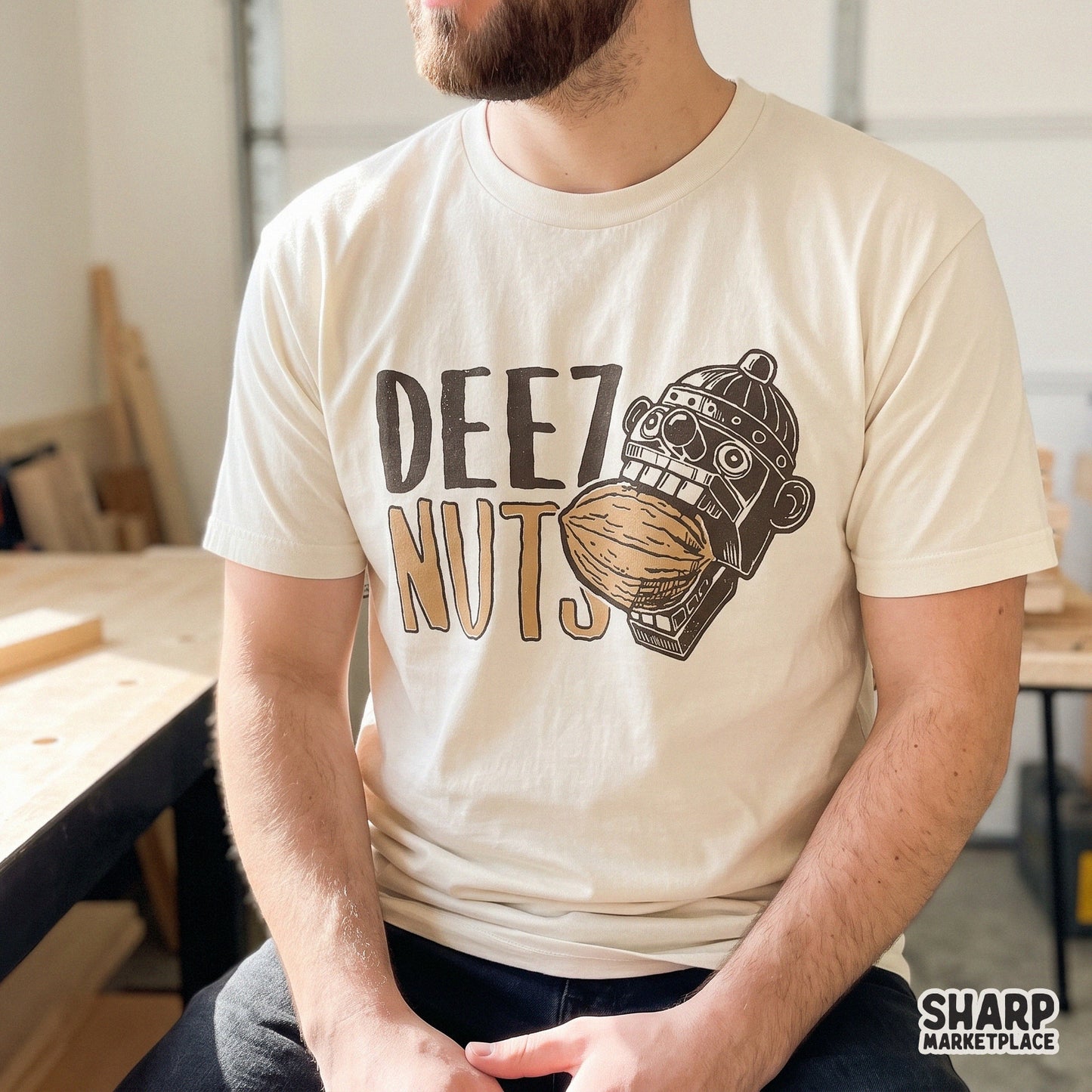 Retro nutcracker biting a walnut Christmas shirt design with a sarcastic holiday pun for funny winter apparel projects