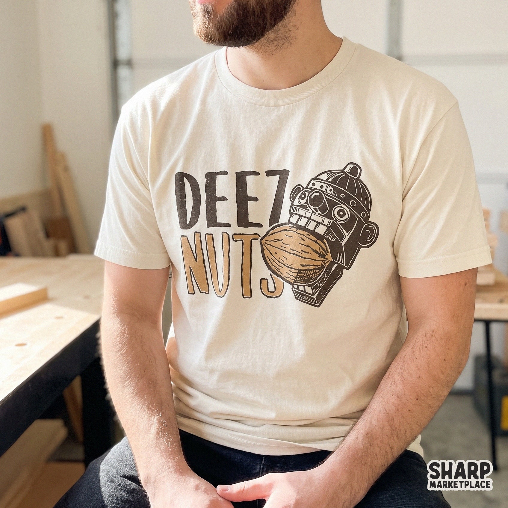 Retro nutcracker biting a walnut Christmas shirt design with a sarcastic holiday pun for funny winter apparel projects