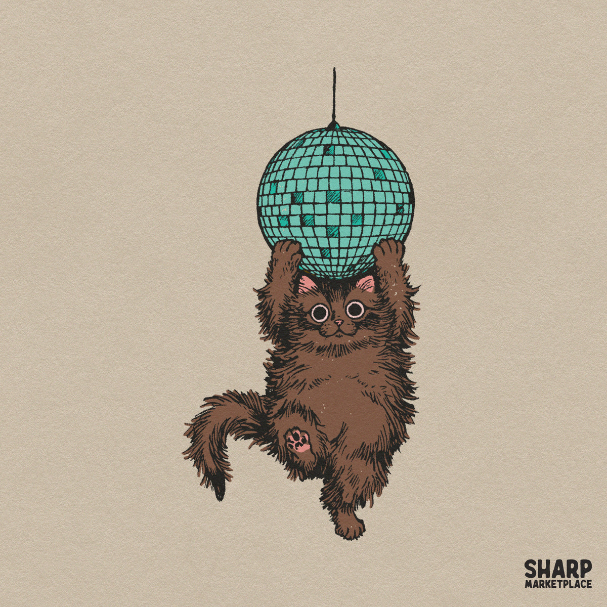 Fluffy Brown Cat On Disco Ball Trendy Png, Funky Kitten