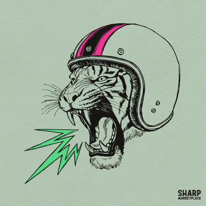Vintage Roaring Tiger In Retro Motorcycle Helmet Artwork