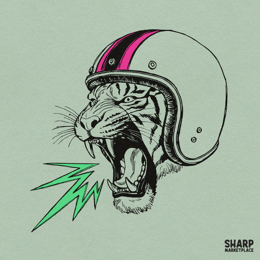 Vintage Roaring Tiger In Retro Motorcycle Helmet Artwork