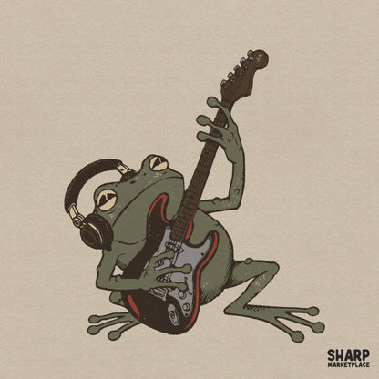 Edgy rocker frog wearing headphones and gas mask playing electric guitar retro PNG clipart for t-shirt design