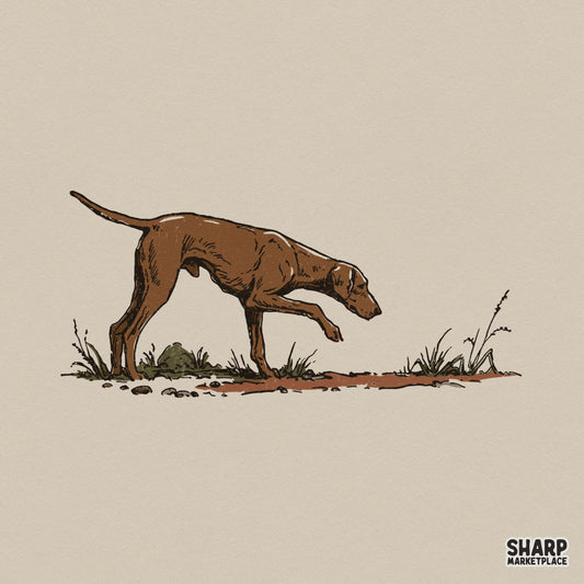 Vintage style illustration of a brown pointer dog in a field stalk pose with rustic ink textures, perfect for western apparel or hunting projects.