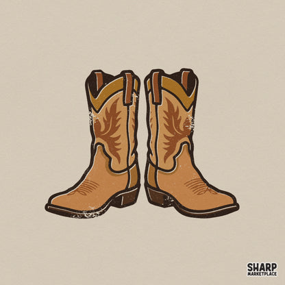 Vintage cowboy boots illustration in tan and brown with distressed texture, perfect for western-themed sublimation shirt designs and stickers.