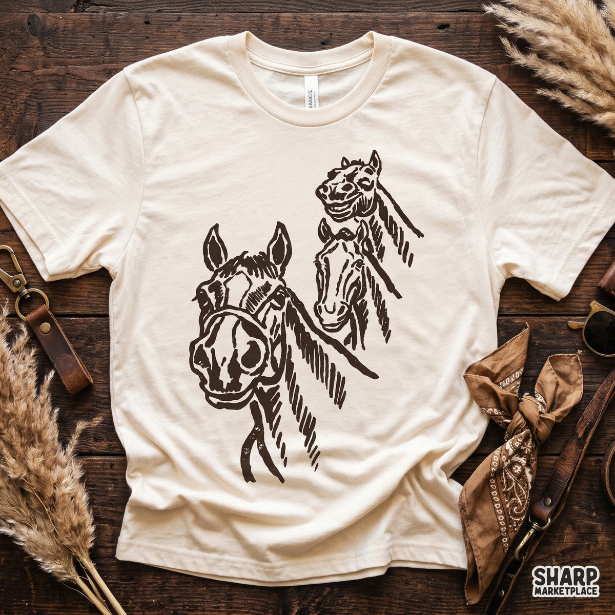 Three wild horses woodcut sketch art PNG design for western t-shirts and equestrian graphics
