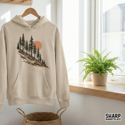 Detailed evergreen forest scene with rocky terrain and a sunset, available as a high-resolution PNG for custom shirts, stickers, and wall art.