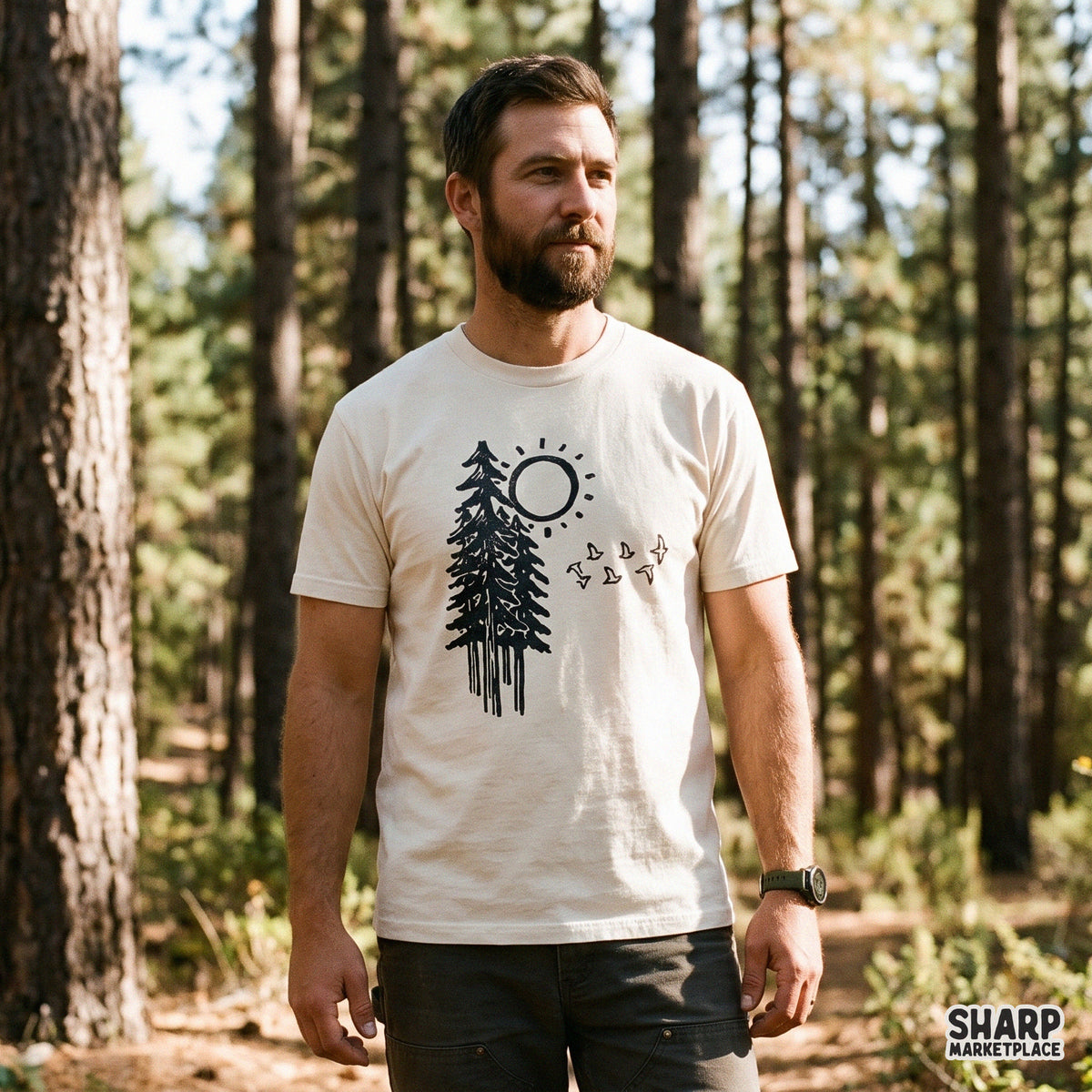 Rustic pine tree in morning sun with flying birds, vintage wilderness linocut art sublimation PNG for t-shirts