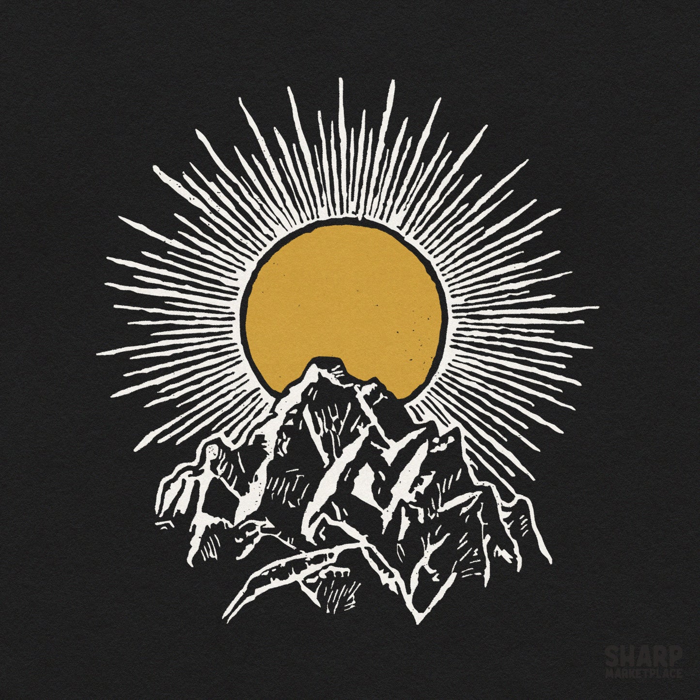 Vintage woodblock linocut sunburst over a mountain peak nature landscape design for sublimation t-shirts