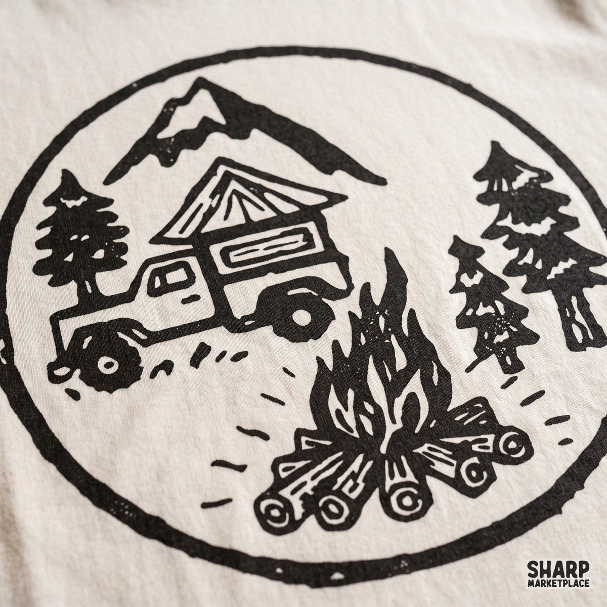 Rustic truck camper in the mountains with pine trees and campfire retro camping png for t-shirt sublimation
