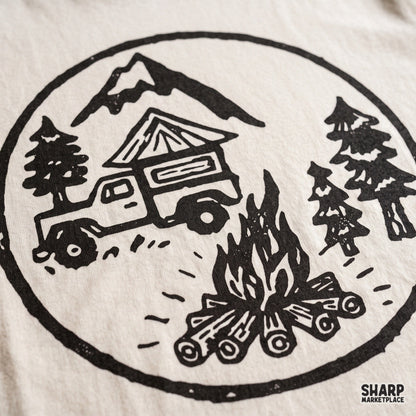 Rustic truck camper in the mountains with pine trees and campfire retro camping png for t-shirt sublimation