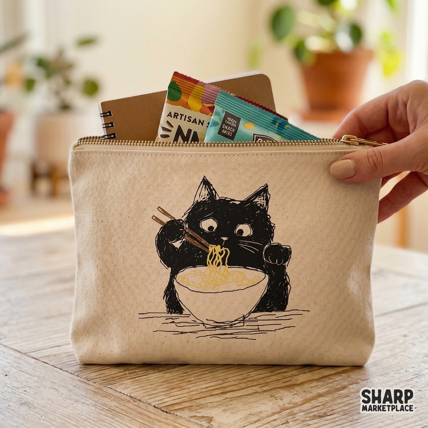 Minimalist black cat eating ramen noodles with chopsticks, a versatile digital design for custom tumblers, stickers, and creative print-on-demand items.