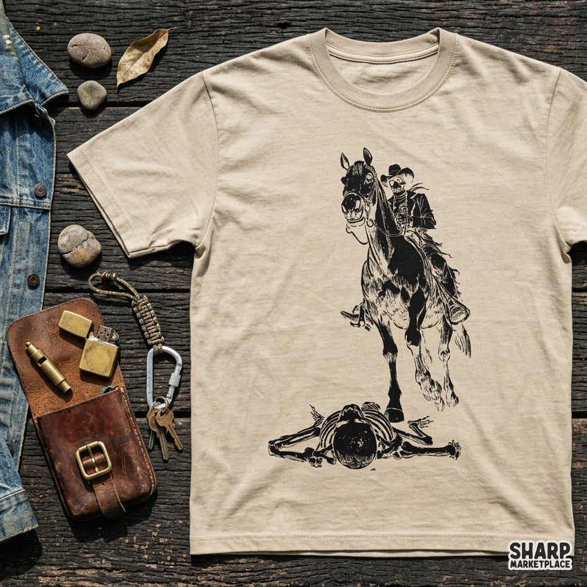 Gothic skeleton cowboy riding a horse design for western spooky season shirts and Halloween sublimation prints