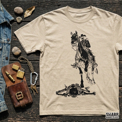 Gothic skeleton cowboy riding a horse design for western spooky season shirts and Halloween sublimation prints