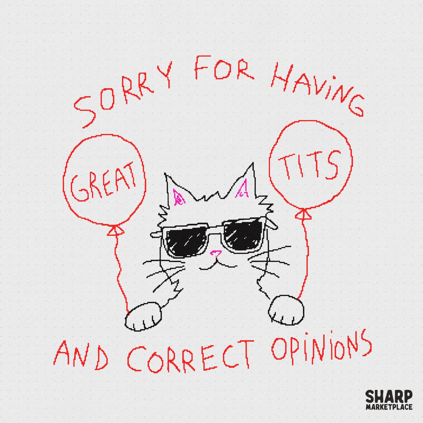 Hand-drawn illustration of a cool cat in sunglasses holding two red balloons with the text Sorry For Having Great Tits And Correct Opinions in red.