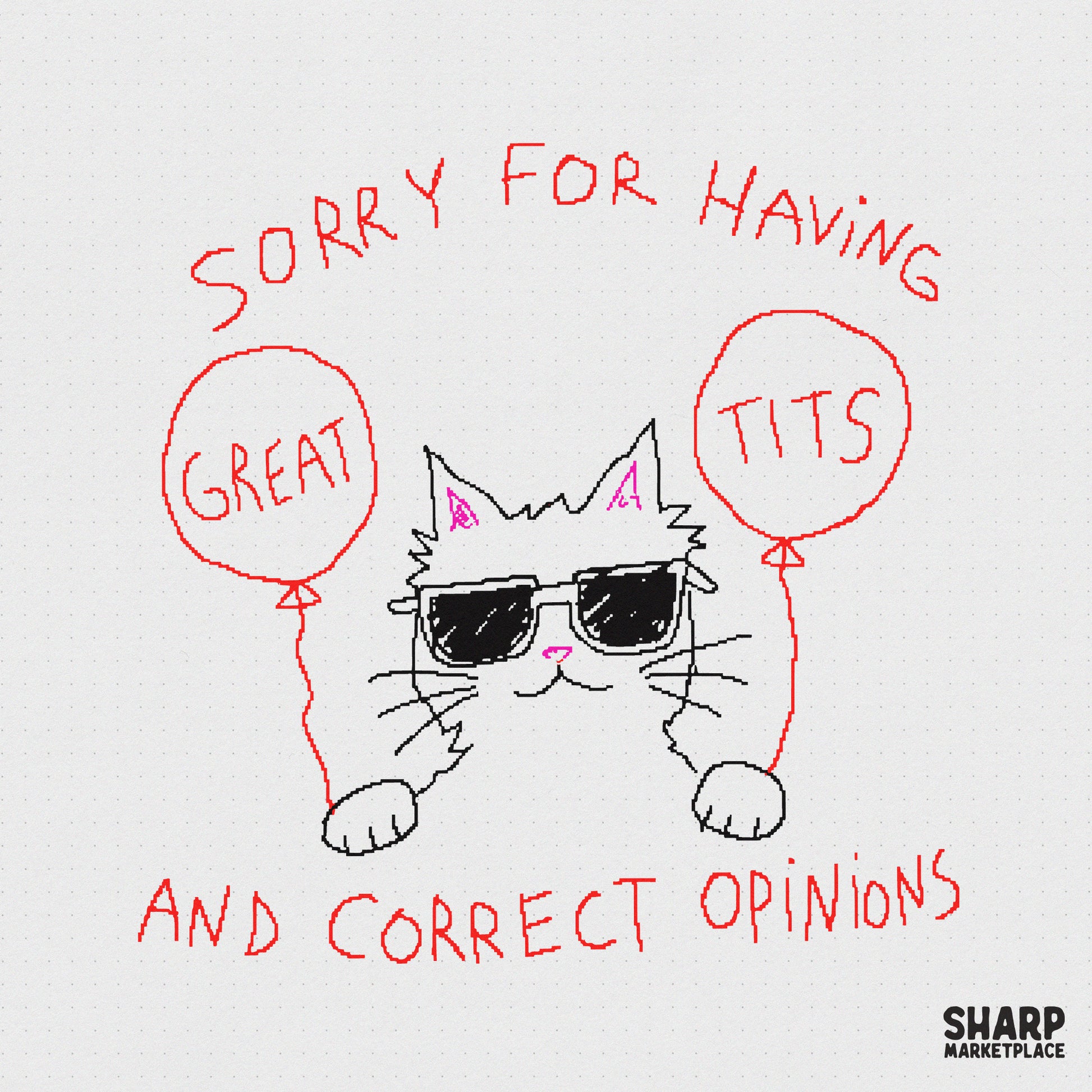 Hand-drawn illustration of a cool cat in sunglasses holding two red balloons with the text Sorry For Having Great Tits And Correct Opinions in red.