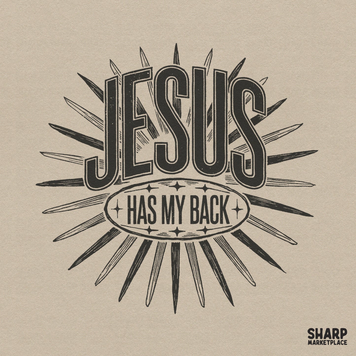 Retro Christian faith design with Jesus Has My Back quote and vintage sunburst for religious t-shirts and apparel png