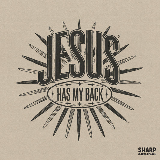 Retro Christian faith design with Jesus Has My Back quote and vintage sunburst for religious t-shirts and apparel png