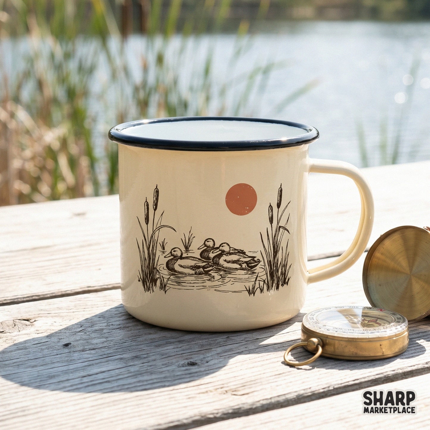 Vintage mallard ducks swimming in a pond with a sunset background retro sublimation design for hunting shirts
