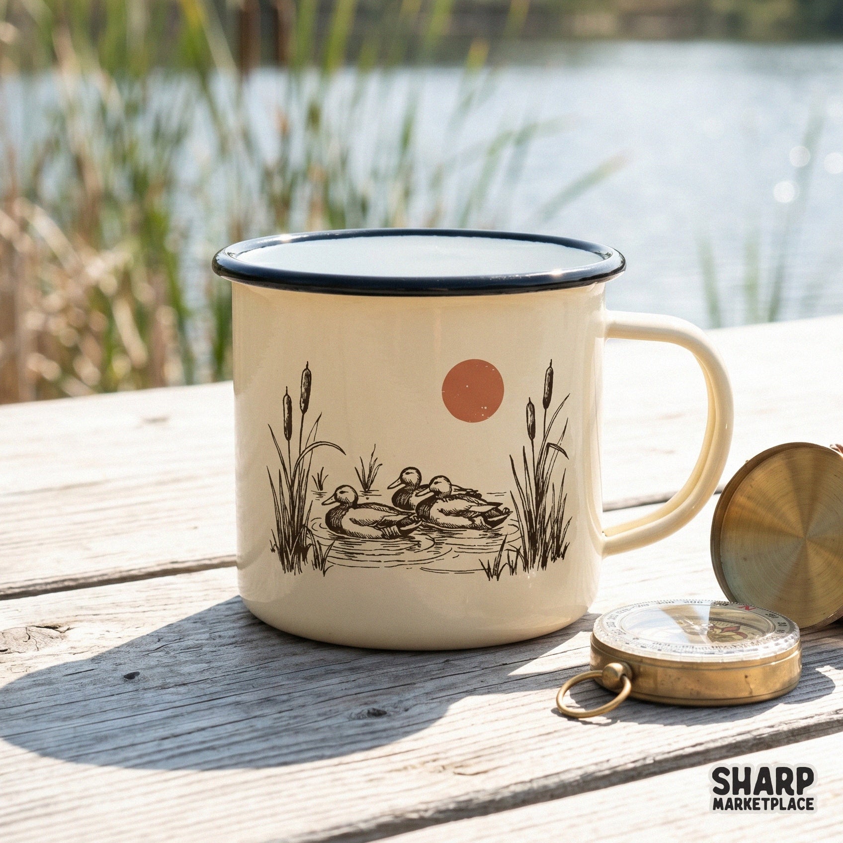 Vintage mallard ducks swimming in a pond with a sunset background retro sublimation design for hunting shirts