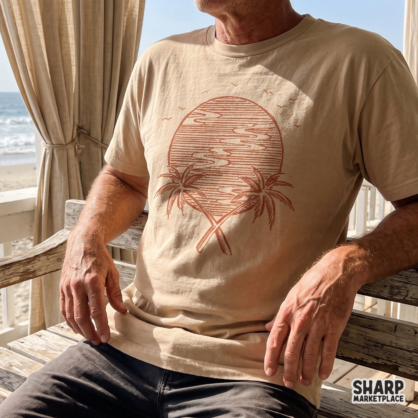 Retro circle sunset art with crossed palms and ocean waves for summer vacation shirts and beach trip apparel design