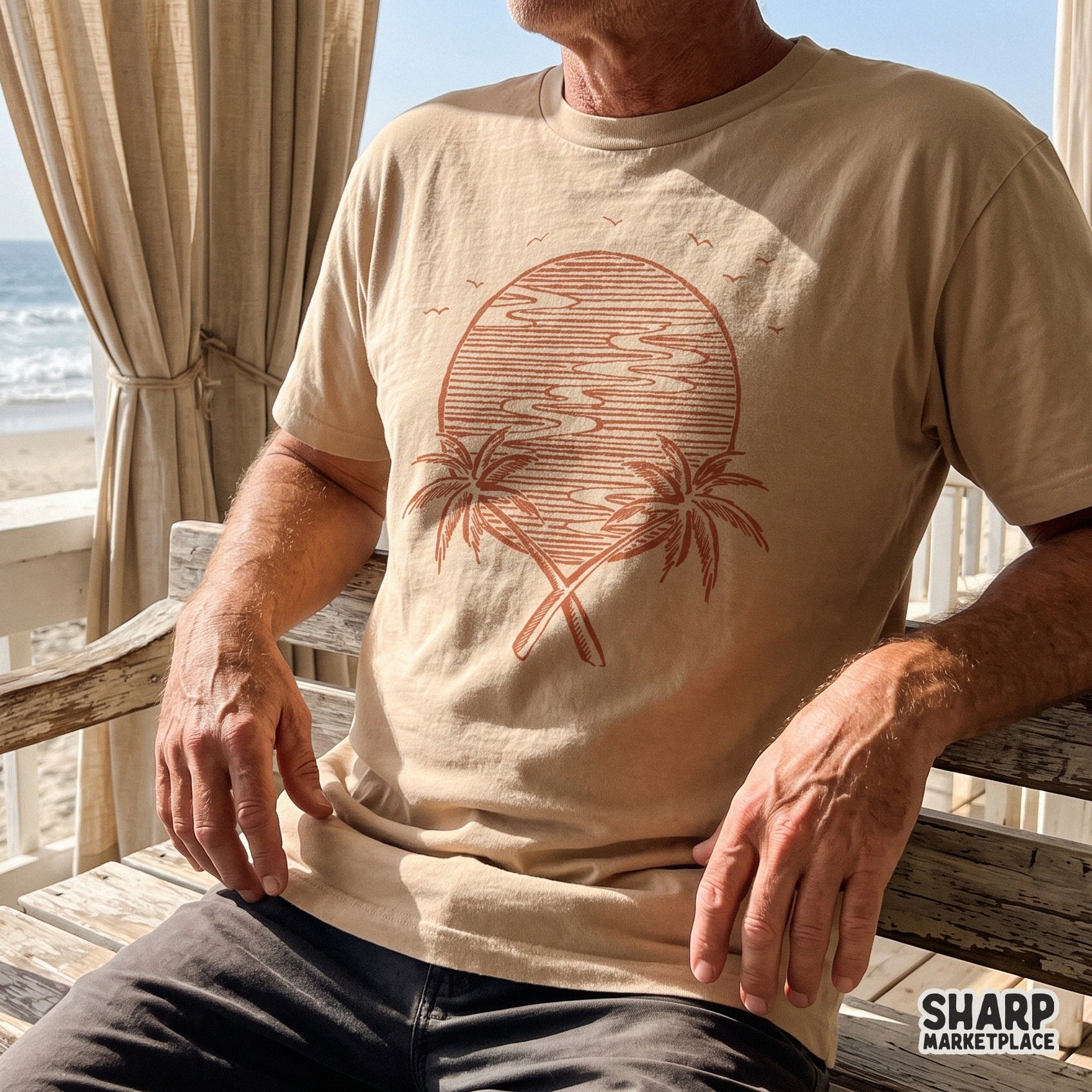Retro circle sunset art with crossed palms and ocean waves for summer vacation shirts and beach trip apparel design