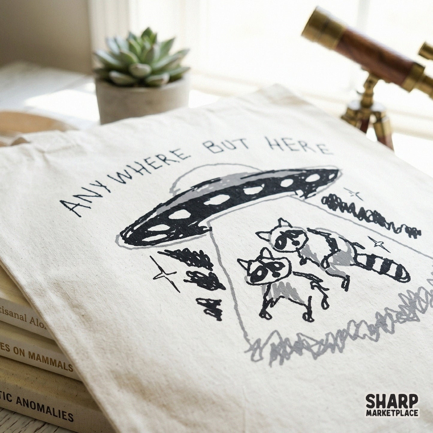 Quirky weirdcore digital design featuring a pair of raccoons being abducted by an alien saucer, ideal for sarcastic apparel and DIY projects.