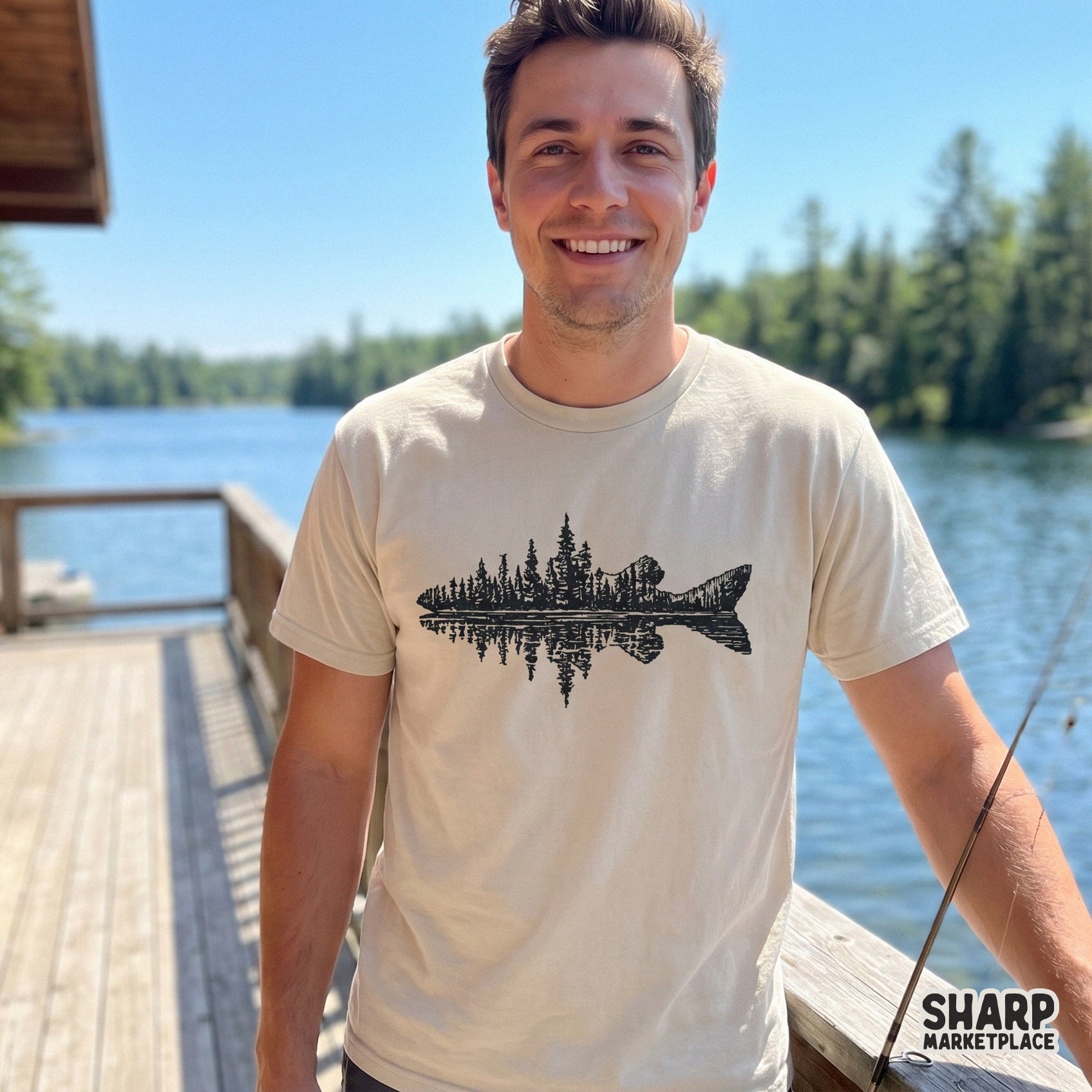 Detailed digital illustration of a fish shape containing a forest and lake reflection, suitable for sublimation, stickers, or custom outdoor gear.