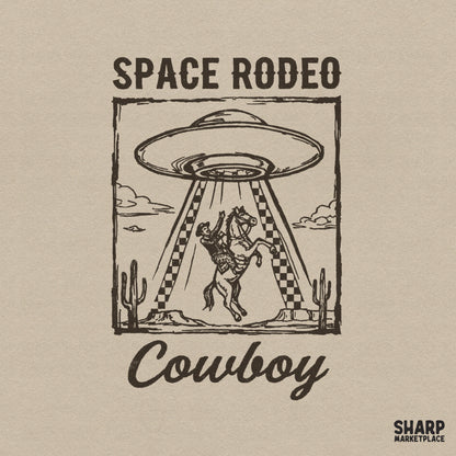 Space Rodeo Cowboy digital design featuring a bucking horse and rider being lifted by a UFO beam, framed in a distressed sketch style with cacti.