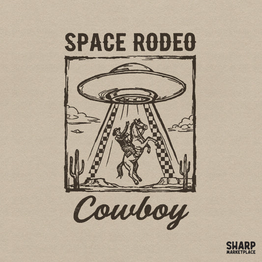 Space Rodeo Cowboy digital design featuring a bucking horse and rider being lifted by a UFO beam, framed in a distressed sketch style with cacti.