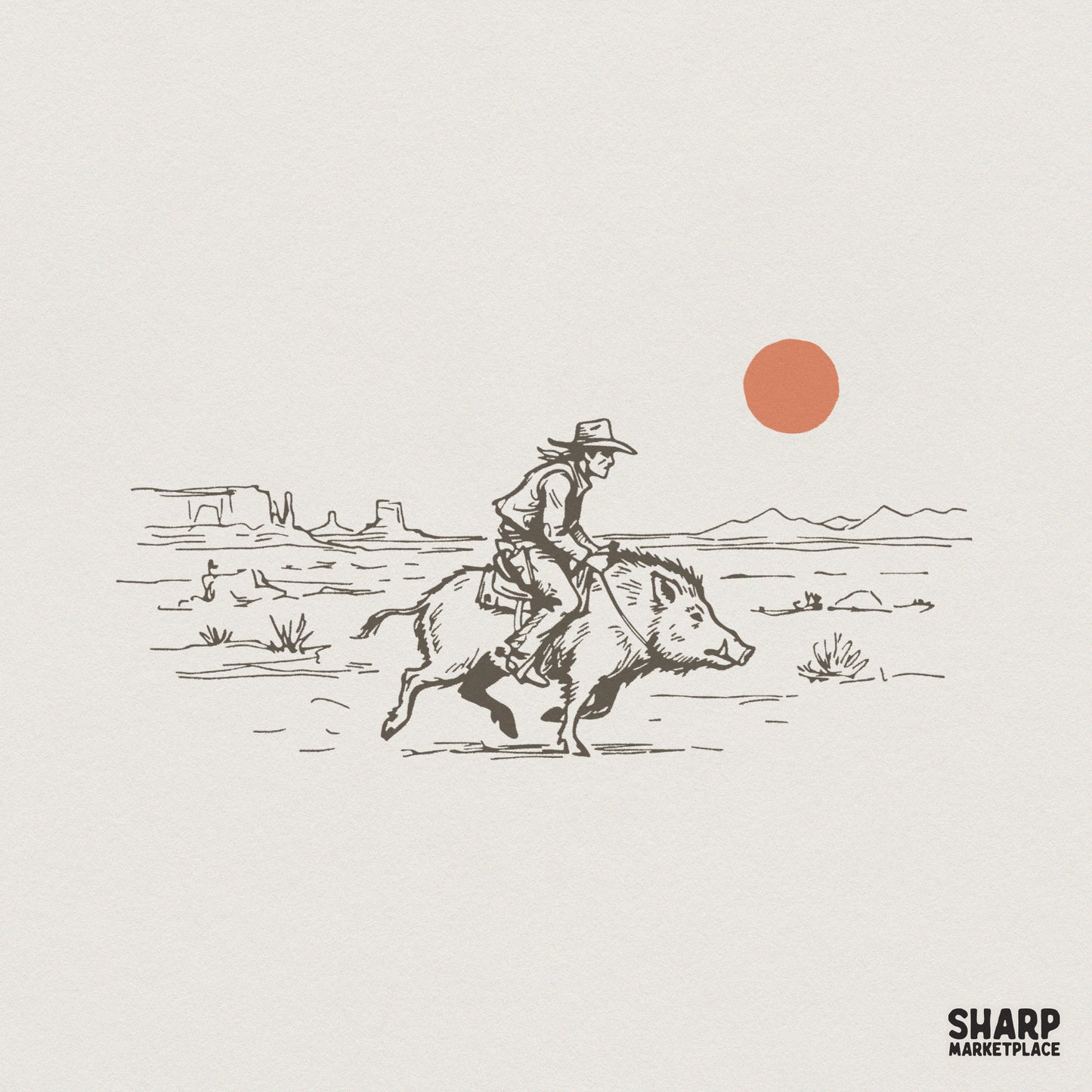 Funny Cowboy Riding Boar PNG Design, Vintage Western Desert Digital