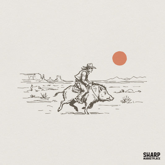 Funny Cowboy Riding Boar PNG Design, Vintage Western Desert Digital