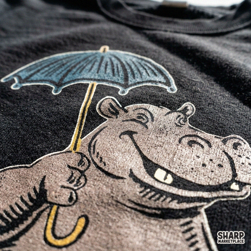 Smiling hippo holding a teal umbrella in a retro rainy day illustration for t-shirt design and stickers